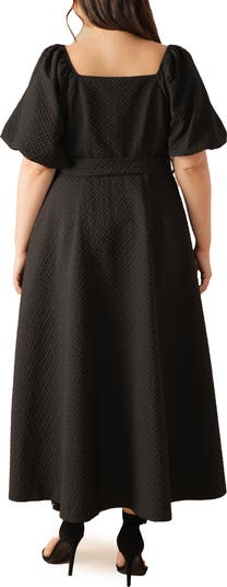 Textured Tie Waist Puff Sleeve Midi Dress
