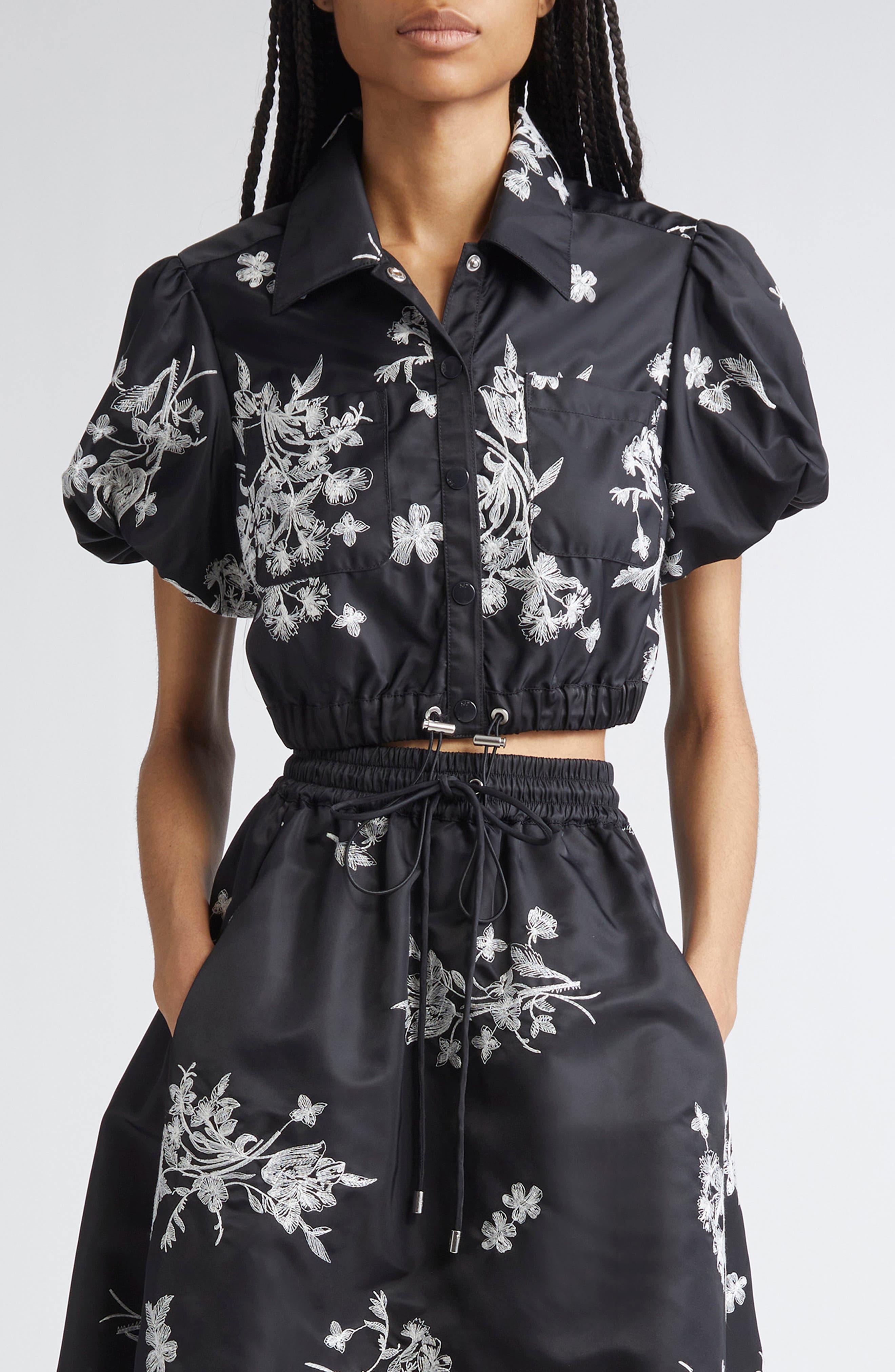 Cinq à Sept Wildflower Whimsy Crop Satin Button-Up Shirt