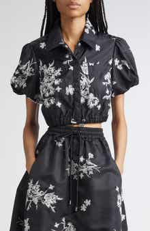Cinq à Sept Wildflower Whimsy Crop Satin Button-Up Shirt