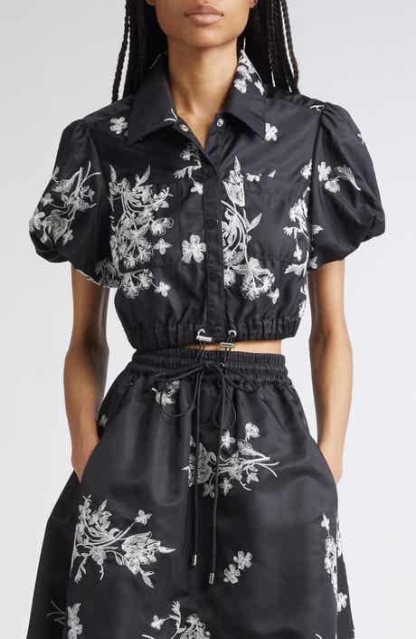 Cinq à Sept Wildflower Whimsy Crop Satin Button-Up Shirt