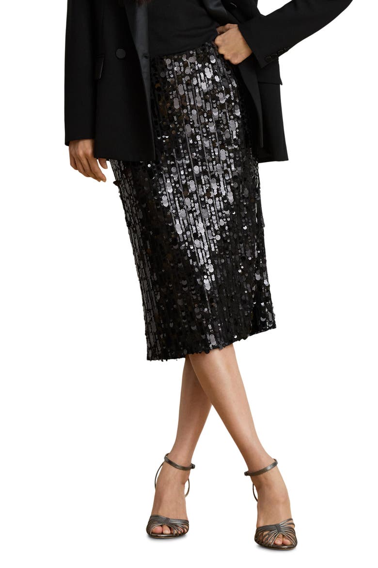 Sequined Mesh Midi Pencil Skirt, Main, color, BLACK