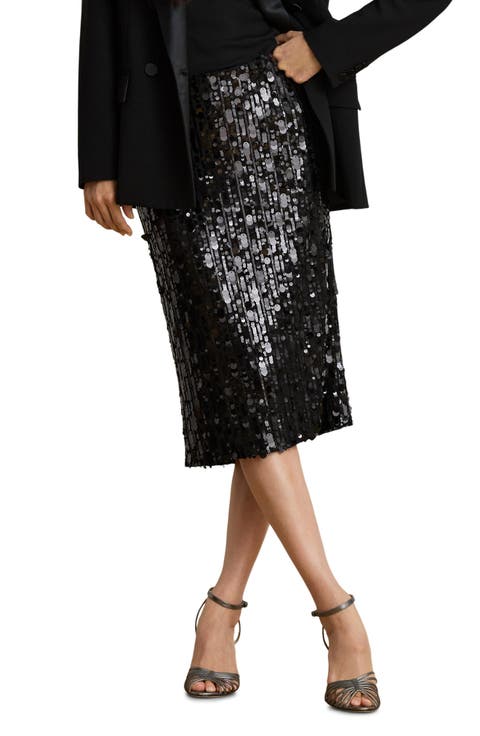 Sequined Mesh Midi Pencil Skirt