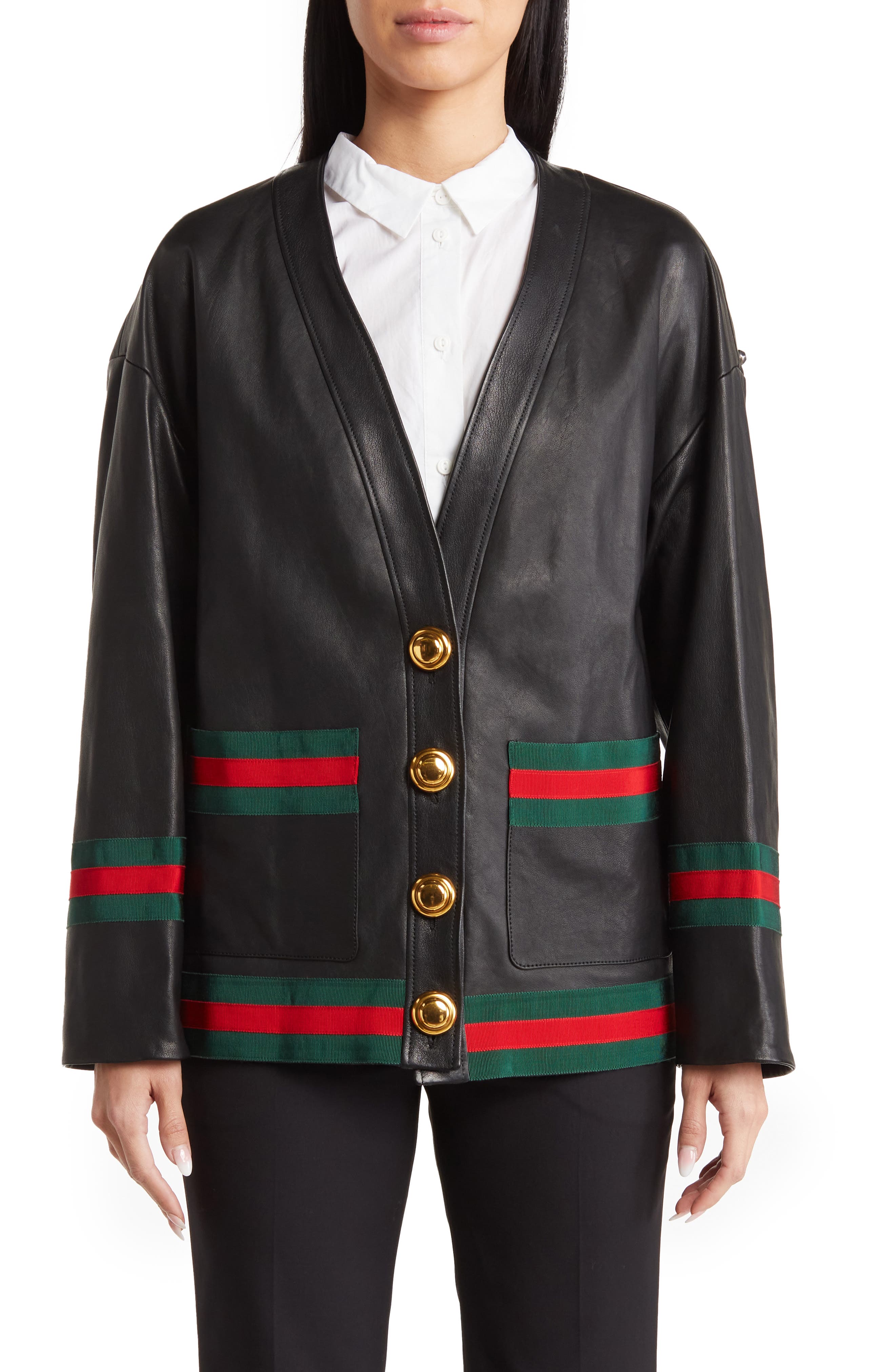 Gucci Leather Cardigan with Stud, Chain & Patch Details