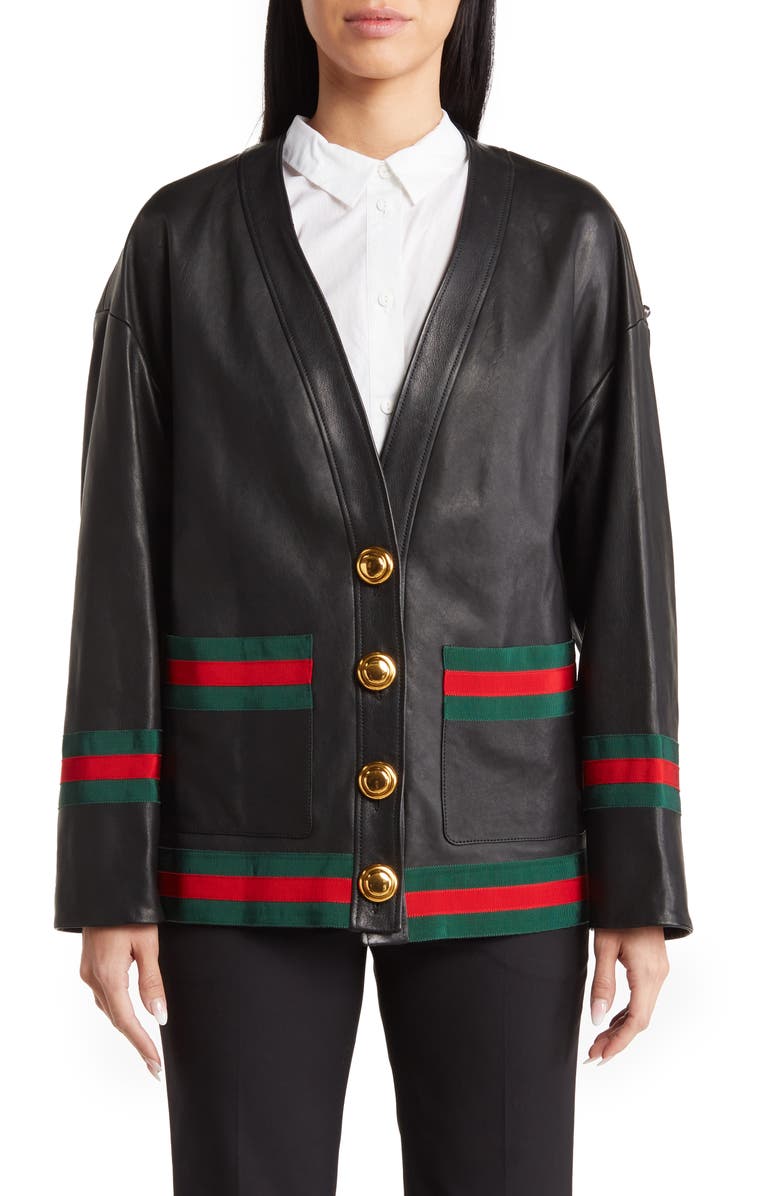 Gucci Leather Cardigan with Stud, Chain & Patch Details, Main, color, Black