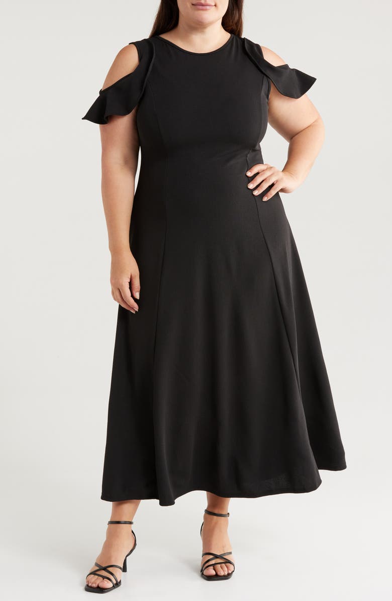 24seven Comfort Apparel Ruffle Cold Shoulder Maxi Dress, Main, color, Black