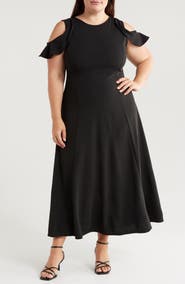 24seven Comfort Apparel Ruffle Cold Shoulder Maxi Dress