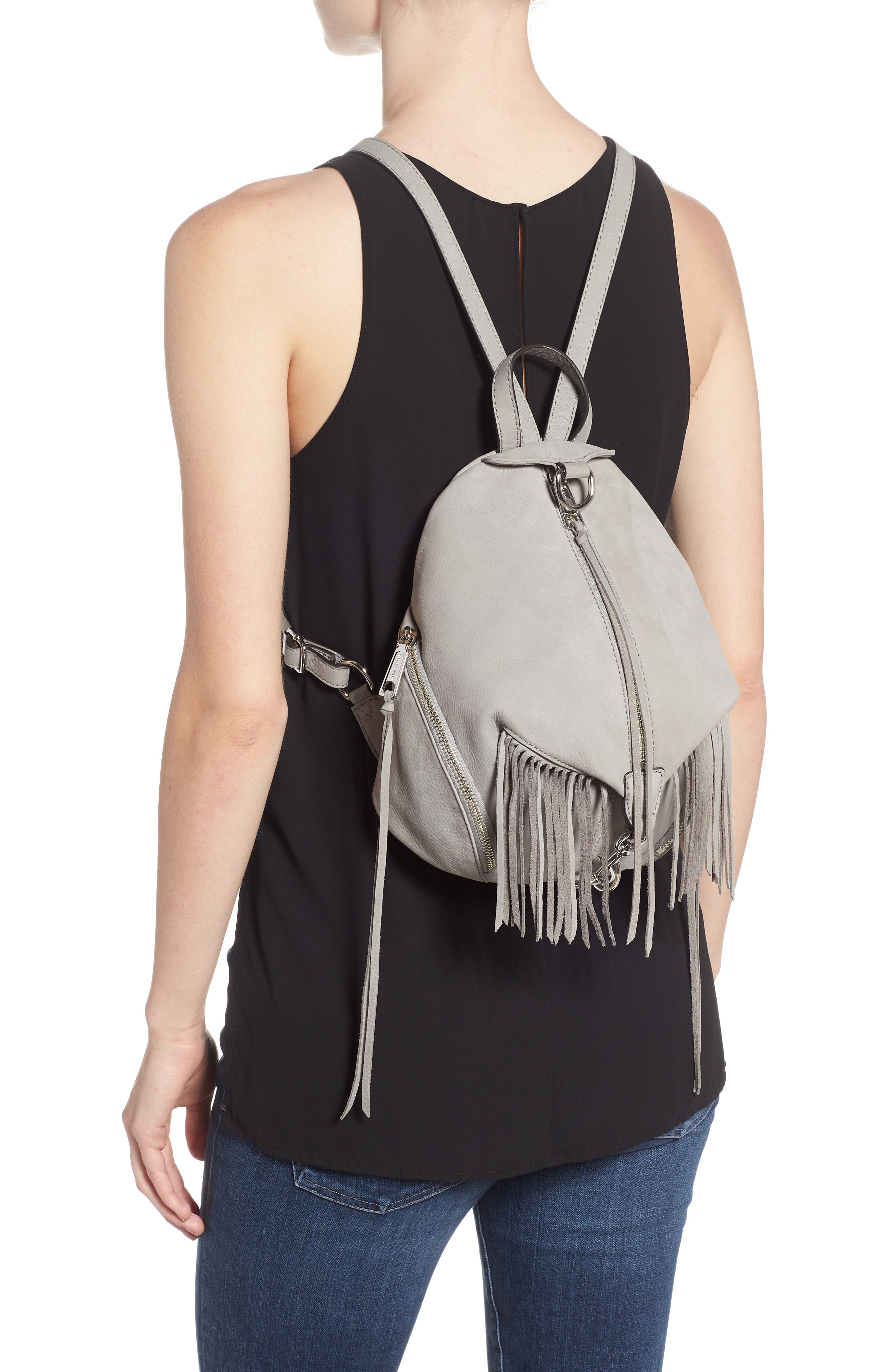 Julian Fringe Leather Backpack, Alternate, color, GREY