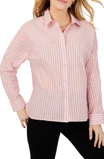 Foxcroft Natalie Glitzy Stripe Cotton Blend Button-up Shirt In Pink
