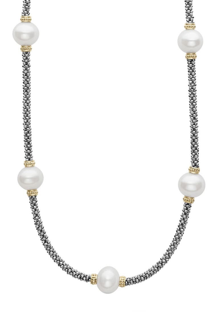 Luna Cultured Pearl Station Necklace, Main, color, SILVER