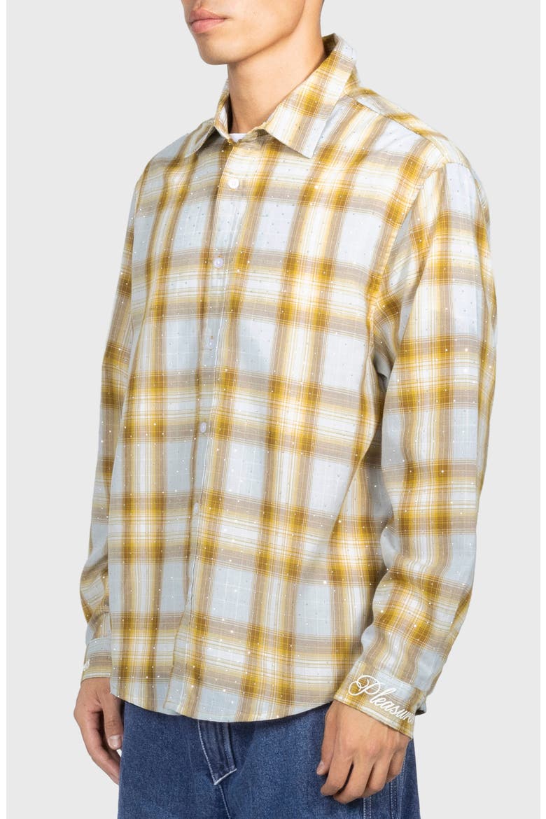 Dizzle Plaid Crystal Embellished Button-Up Shirt, Alternate, color, DIJON