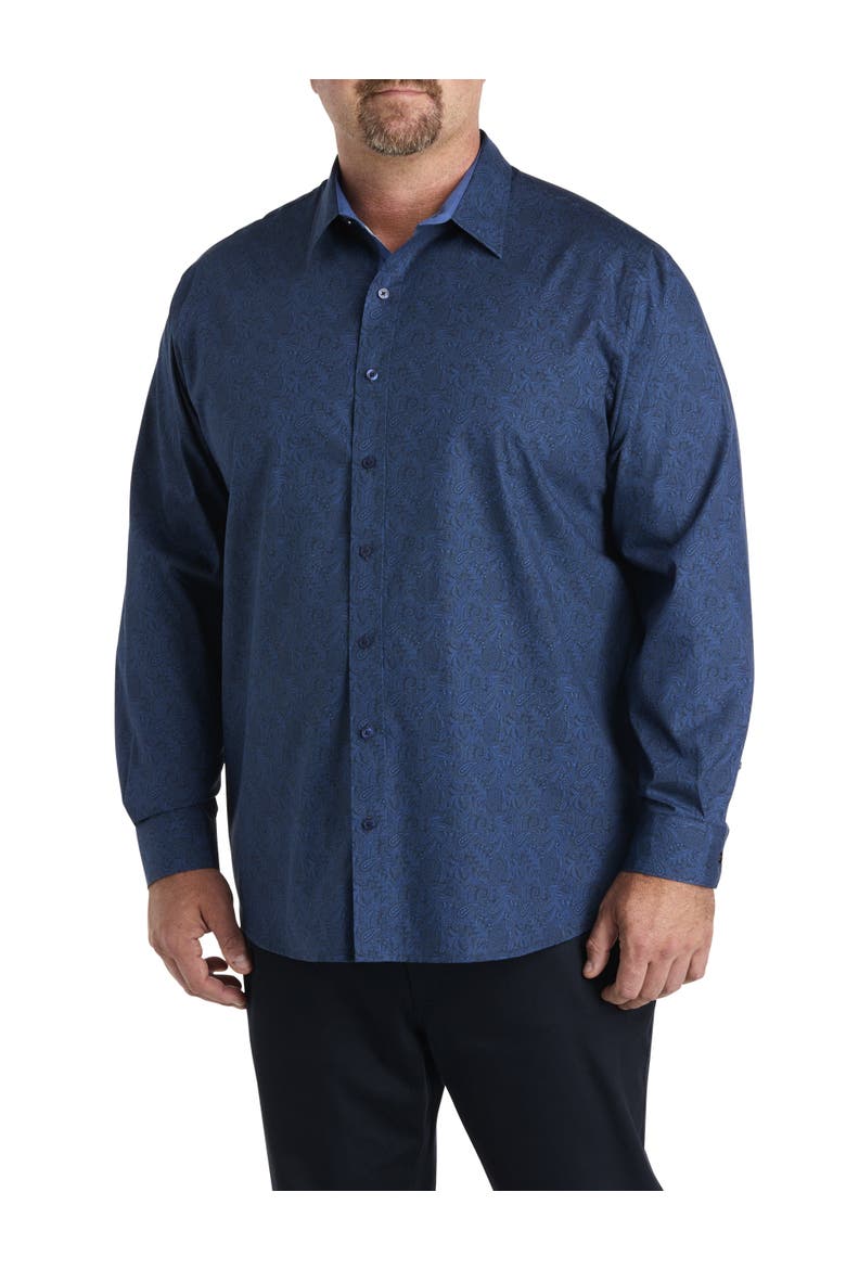Big & Tall Tonal Paisley Sport Shirt, Alternate, color, NAVY