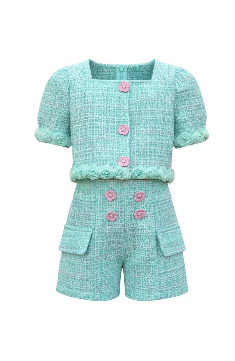 Mia Belle Girls Girls Blue Gingham Puff Sleeve Tweed Top and Short Set, Main, color, Blue-Green