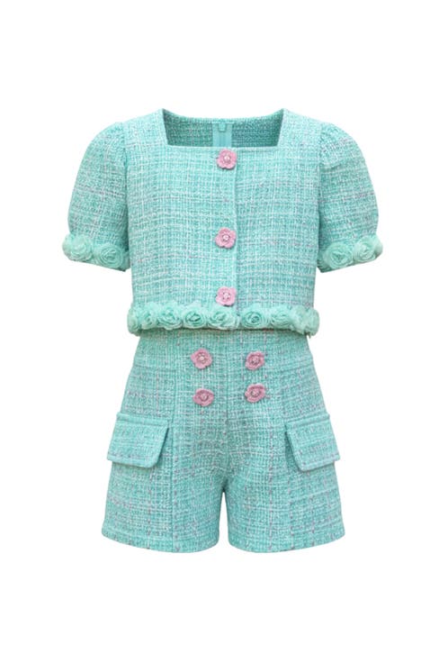 Girls Blue Gingham Puff Sleeve Tweed Top and Short Set (Toddler, Little Kid & Big Kid)