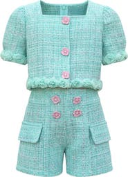 Mia Belle Girls Girls Blush Pearl Puff Sleeve Tweed Top and Short Set