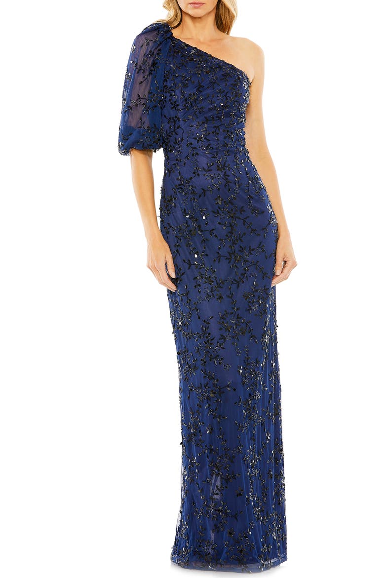 Embellished Puff Sleeve One-Shoulder Gown, Main, color, MIDNIGHT