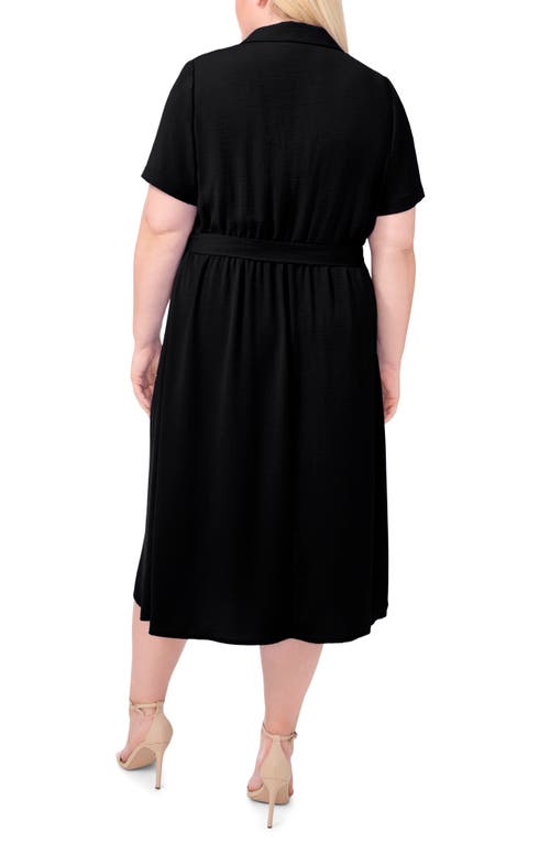 Shop Cece Belted Crinkle Midi Shirtdress In Rich Black