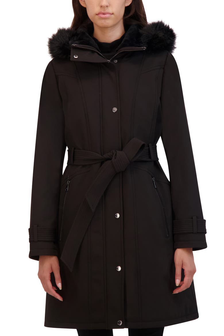 Belted Faux Fur Trim Hooded Coat, Main, color, BLACK