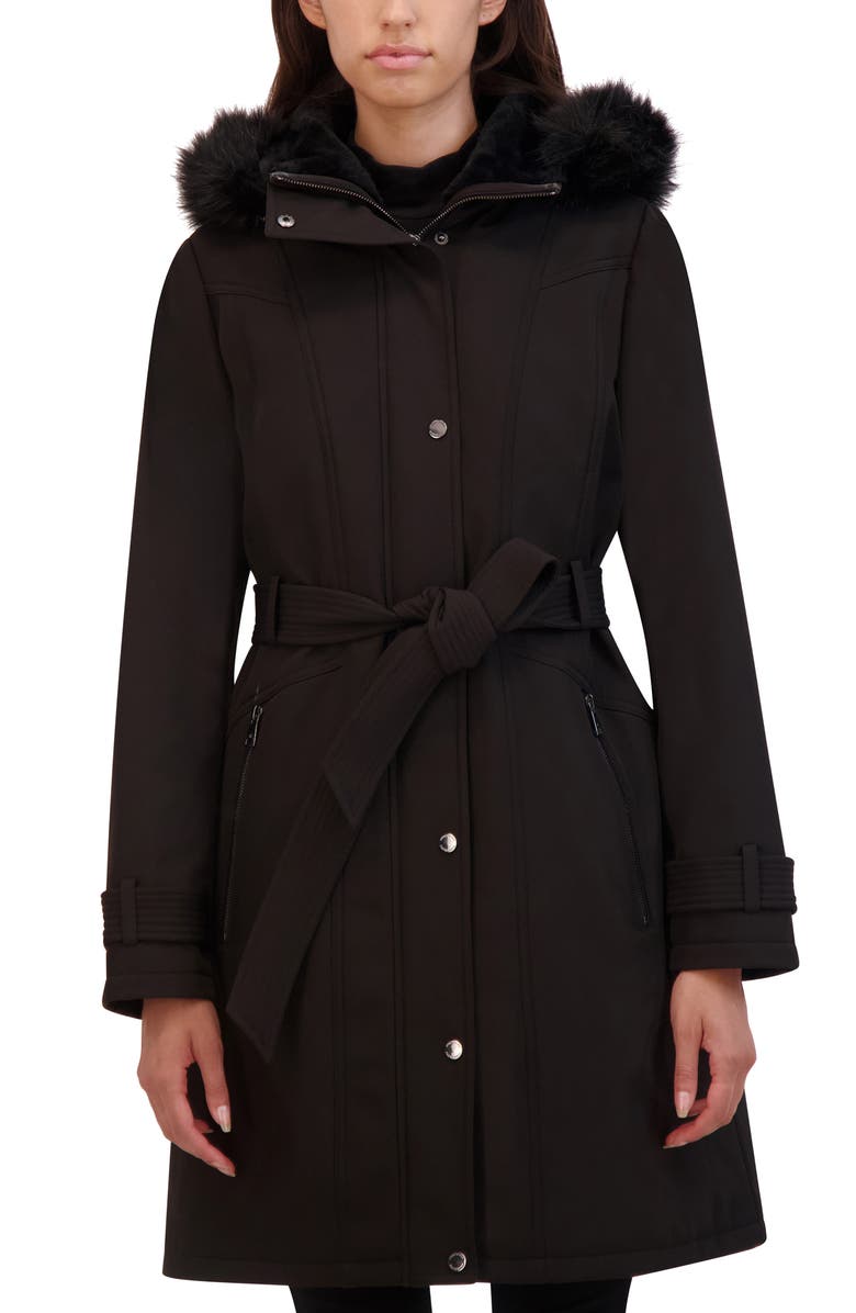 Kenneth Cole Belted Faux Fur Trim Hooded Coat, Main, color,