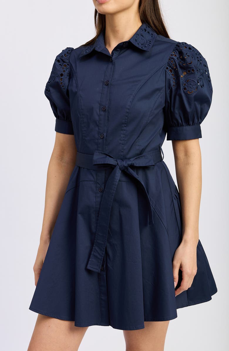 En Saison Nara Eyelet Detail Puff Sleeve Cotton Blend Mini Shirtdress, Alternate, color, Navy