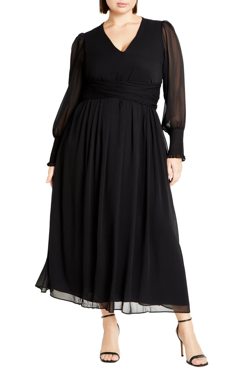 City Chic Selena Long Sleeve Chiffon Maxi Dress, Main, color, Black