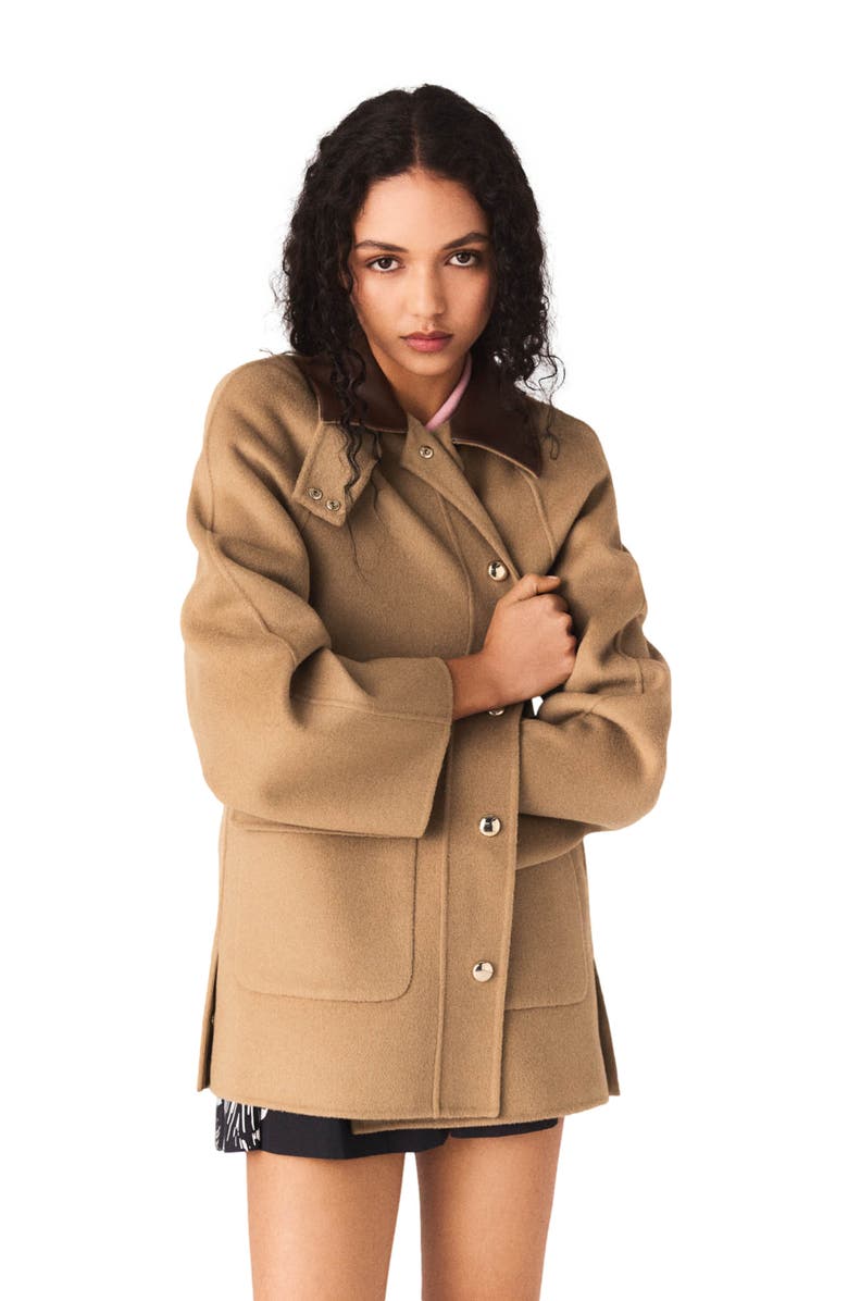 maje Wool coat with removable hood, Alternate, color, Beige