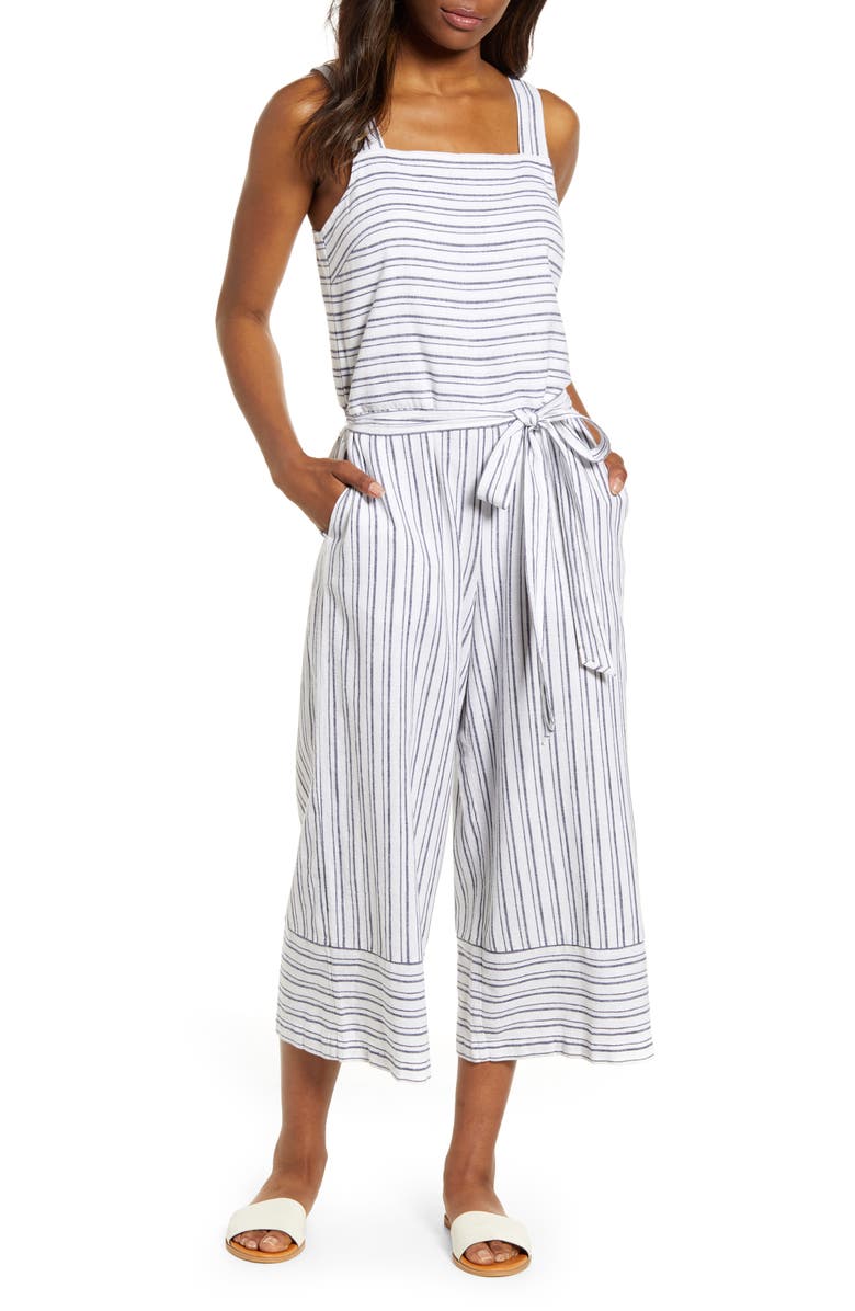 beachlunchlounge Talia Stripe Cotton & Linen Jumpsuit, Main, color, 