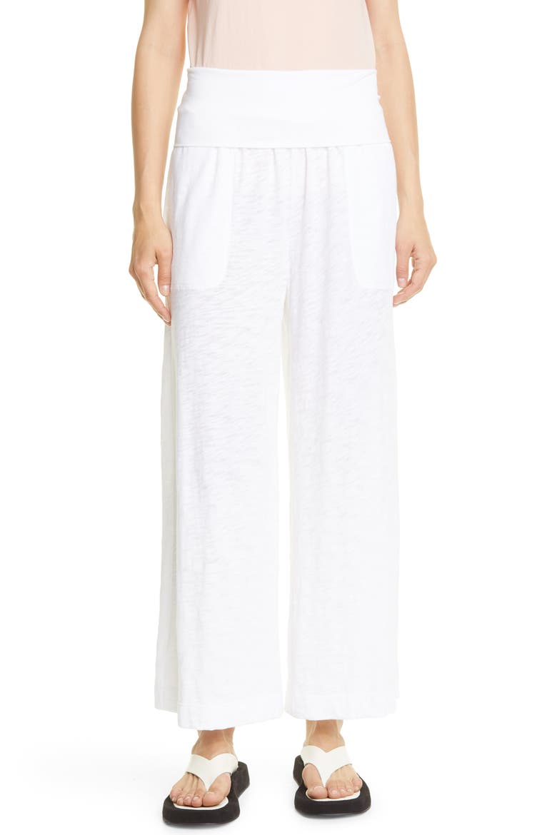 Foldover Waist Wide Leg Slub Jersey Pants, Main, color, WHITE