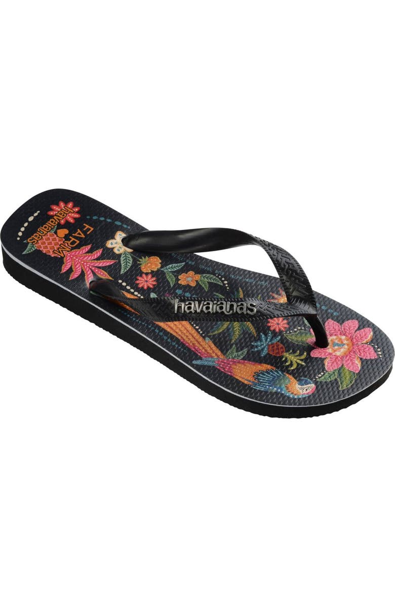 Havaianas x Farm Rio Print Footbed Flip Flop, Alternate, color, Farm Black Parrots