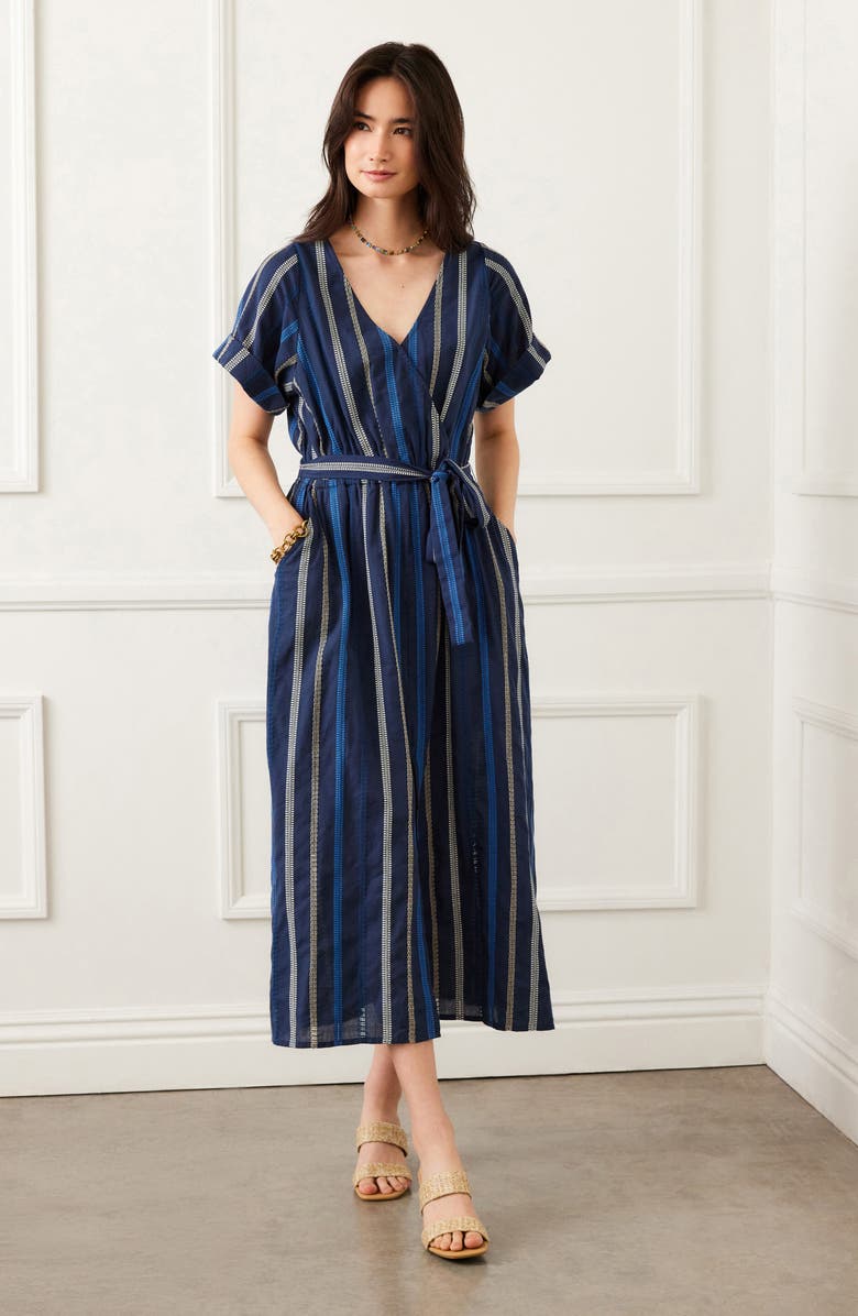 Karen Kane Mixed Embroidered Stripe Cotton Dress, Alternate, color, Blue Multi