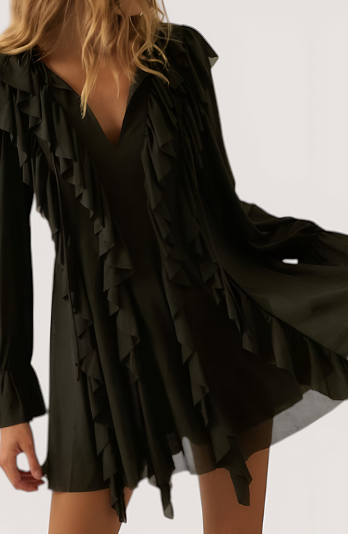 Modenaire Solid Knit Romper With V-neck Tie Closure, Cascading Ruffles And Long Bubble Sleeves In Black