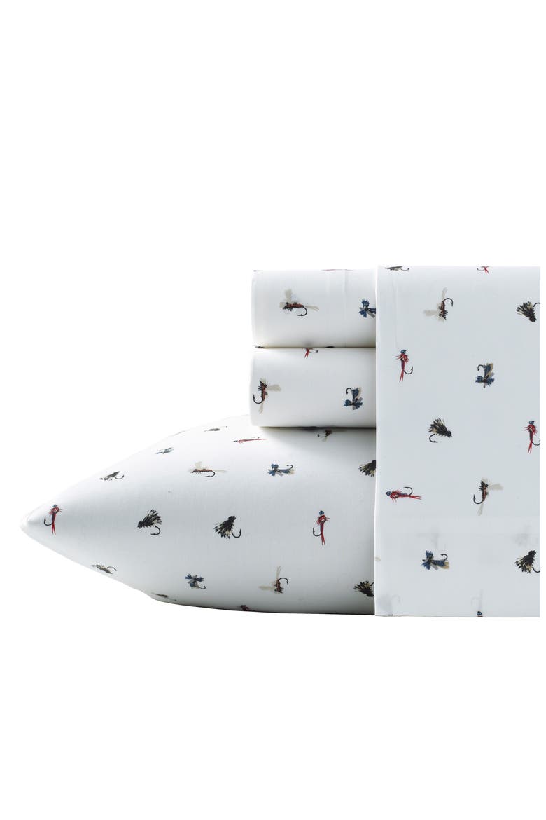 Fishing Flies 200 Thread Count 100% Cotton Percale Sheet Set, Main, color, WHITE MULTI
