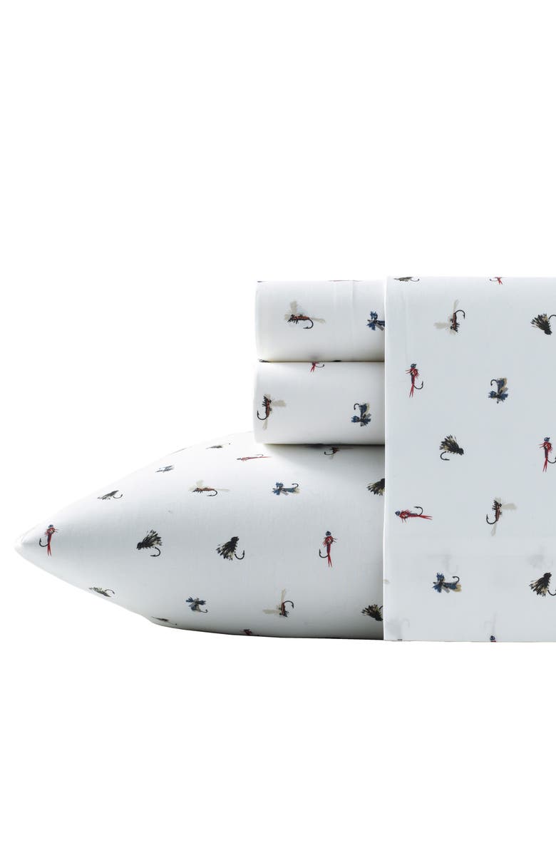 Eddie Bauer Fishing Flies 200 Thread Count 100% Cotton Percale Sheet Set, Main, color, White Multi