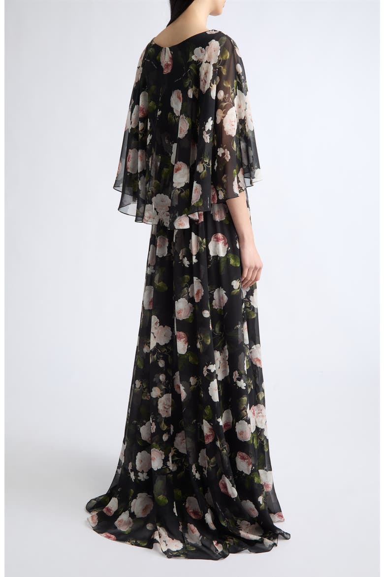 Floral Off the Shoulder Silk Chiffon Gown, Alternate, color, BLACK MULTI