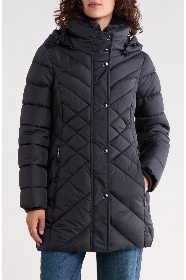 Puffer Coat with Faux Fur Collar, Main, color, NAVY