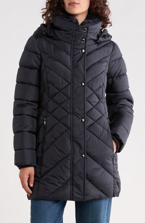 Puffer Coat with Faux Fur Collar