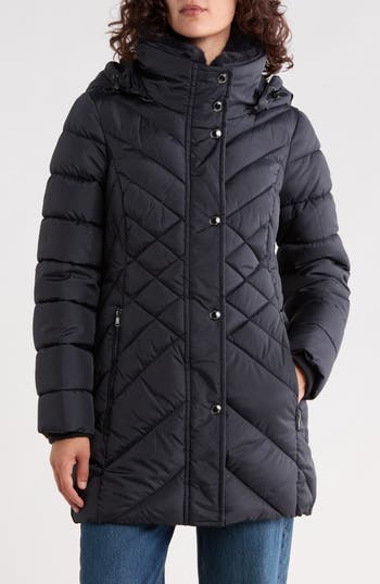 London Fog Puffer Coat With Faux Fur Collar In Navy