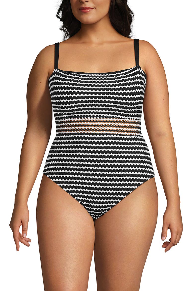 Crochet Square Neck High Leg One Piece Swimsuit, Alternate, color, Black/White