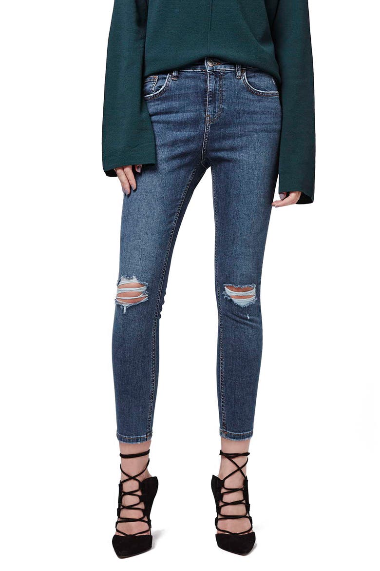 Moto Jamie Ripped High Waist Ankle Skinny Jeans, Alternate, color, MID DENIM
