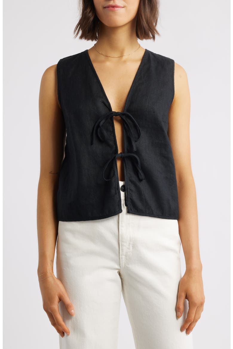 Linen Tie Front Vest, Main, color, BLACK