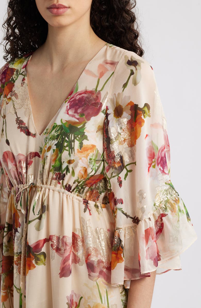 KOBI HALPERIN Limone Metallic Floral Tiered Silk Blend Midi Dress, Alternate, color, 