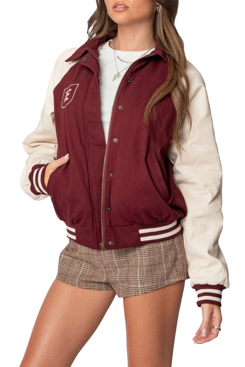 Oversize Varsity Bomber Jacket, Alternate, color, BURGUNDY