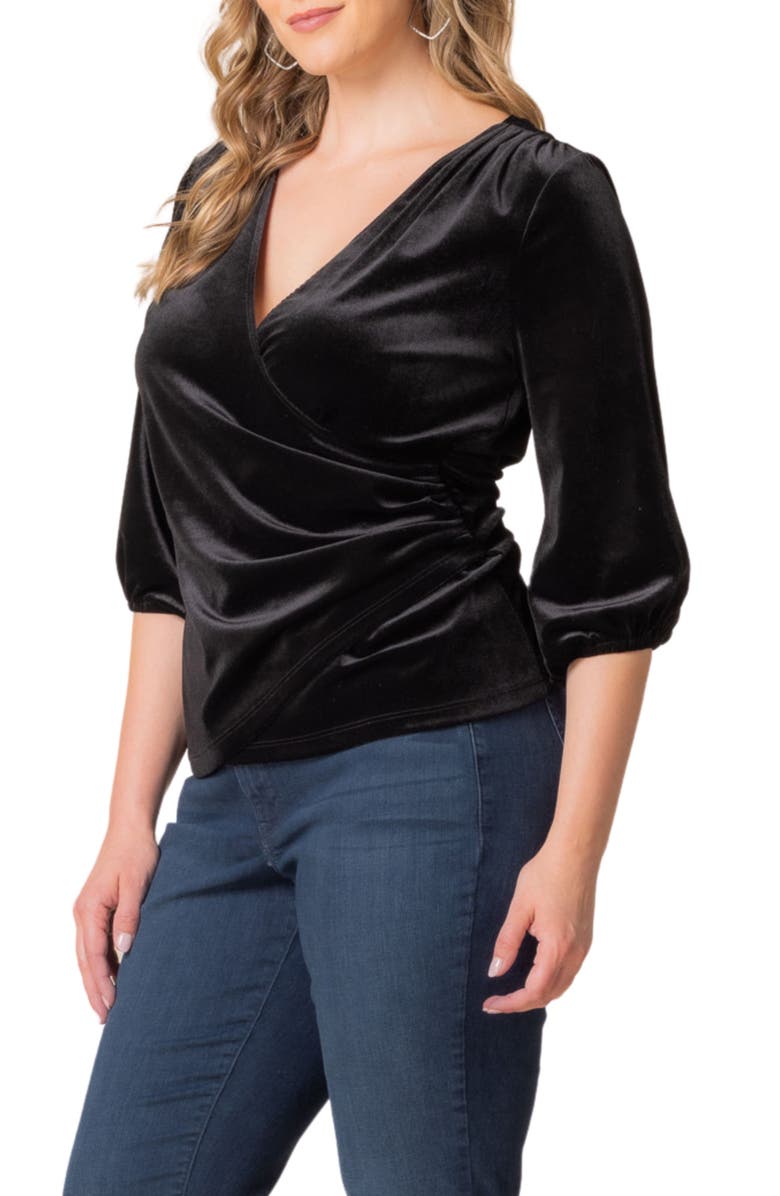 Kiyonna Odette Velvet Faux Wrap Top, Alternate, color, Onyx