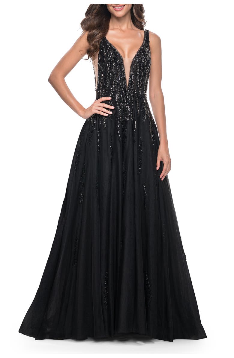 La Femme A-Line Rhinestone and Beaded Embellished Prom Dress, Main, color, Black