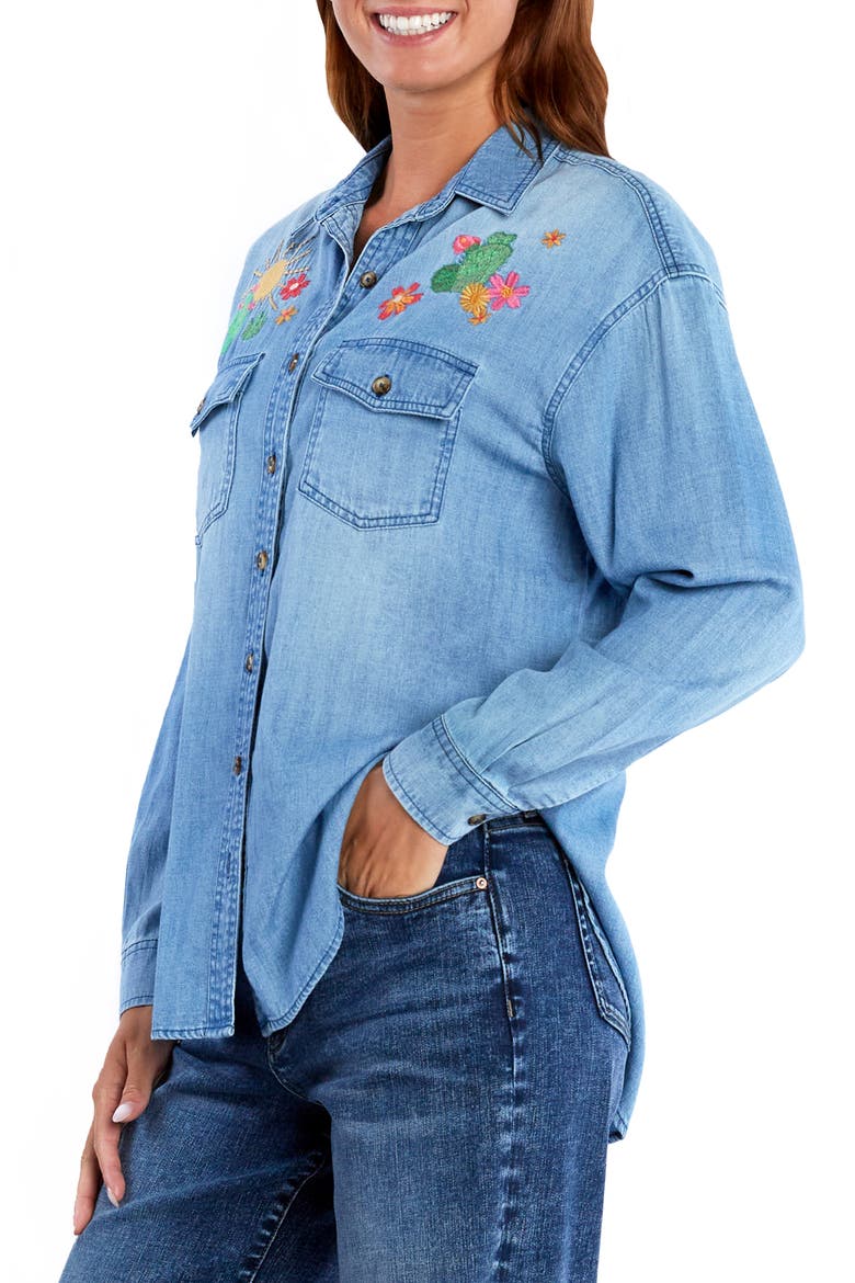 Wild Cactus Embrodiered Denim Button-Up Shirt, Alternate, color, DENIM