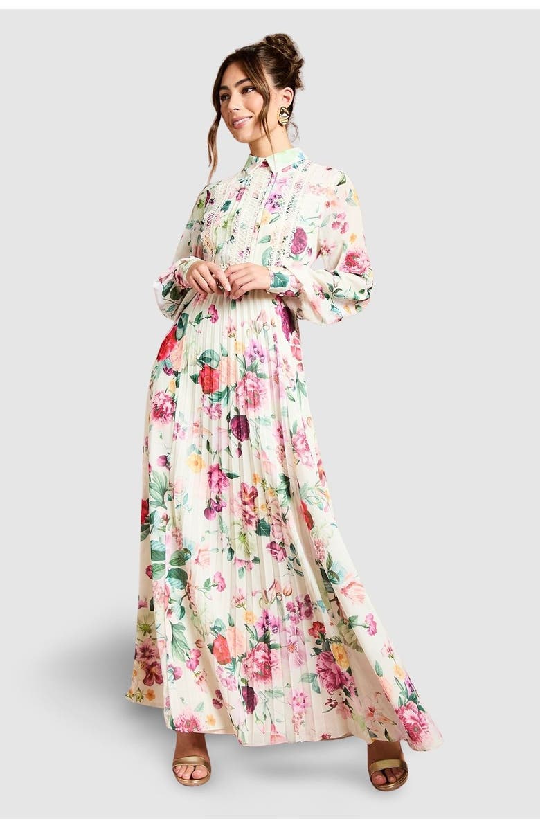 Coast Pleated Lace Trim Midi Dress, Main, color, Multi