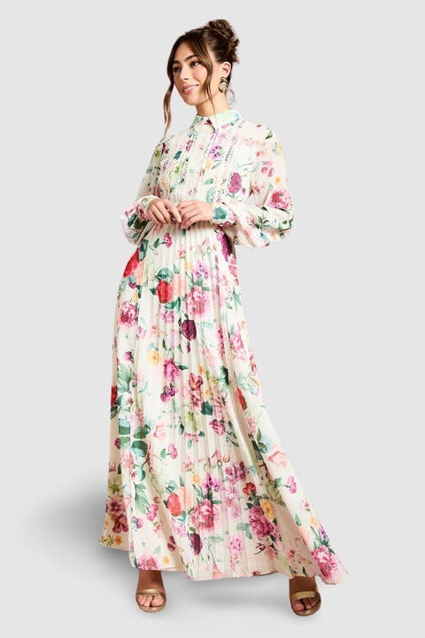 Pleated Lace Trim Midi Dress