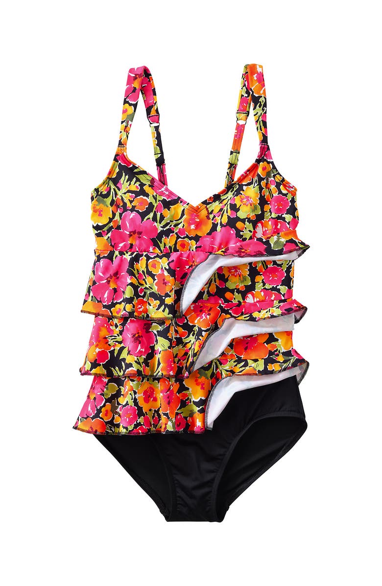 Lands' End Smoothing Control Ruffle Fauxkini One Piece Swimsuit, Alternate, color, Painted Blooms/Black