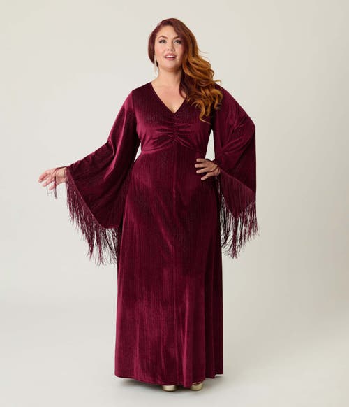 Smak Parlour Plus Size Fringed Long Bell Sleeved Ruched Maxi Dress In Burgundy