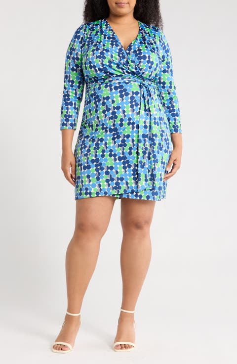 Dot Print Long Sleeve Wrap Dress (Plus)