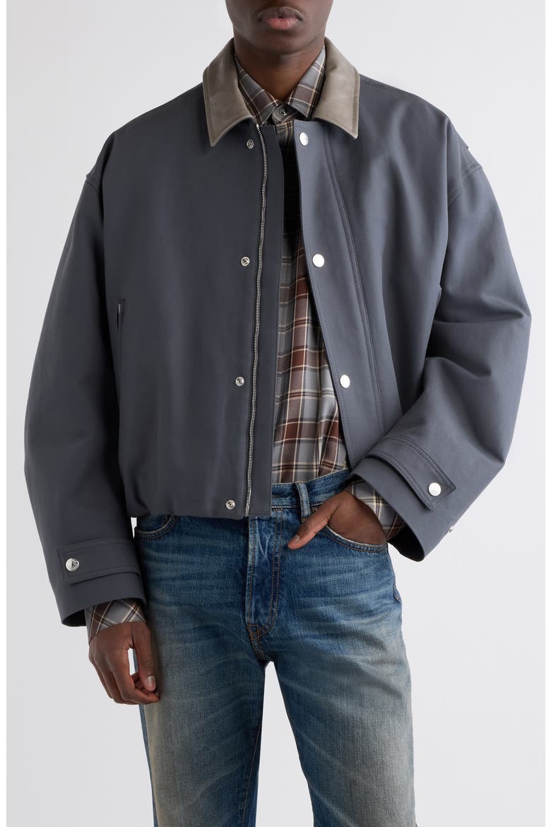 Opado Cotton Satin Jacket with Leather Collar, Main, color, CARBON GREY
